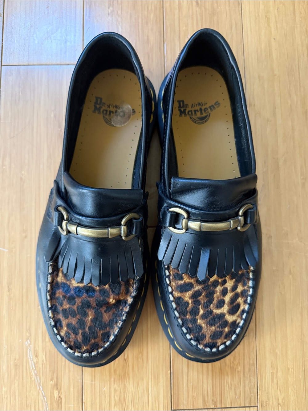 Dr. Martens Black Leather Snaffle Loafers with Leopard Ponyhair